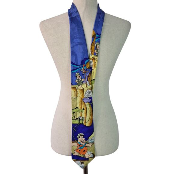 Vintage USA 1993 Blue Yellow Silk Tie Fred Flintstone Dino "Quittin Time" - Picture 1 of 3